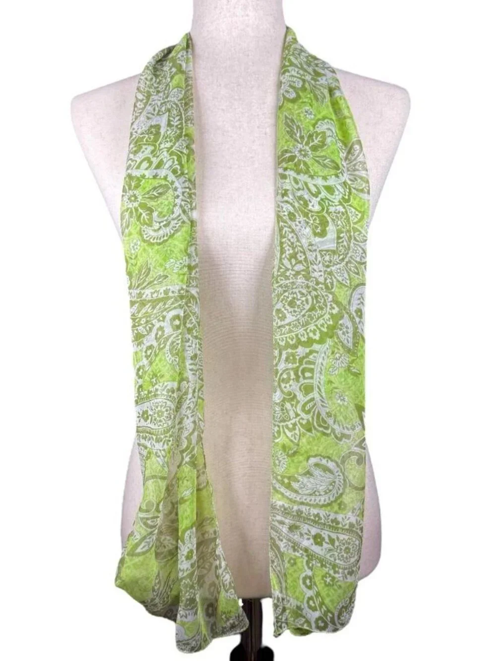vintage semi-sheer scarf with green paisley print
